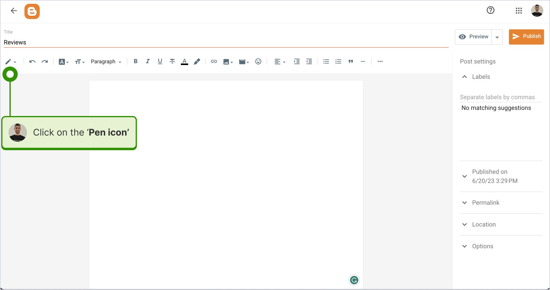Clicking on the pen icon