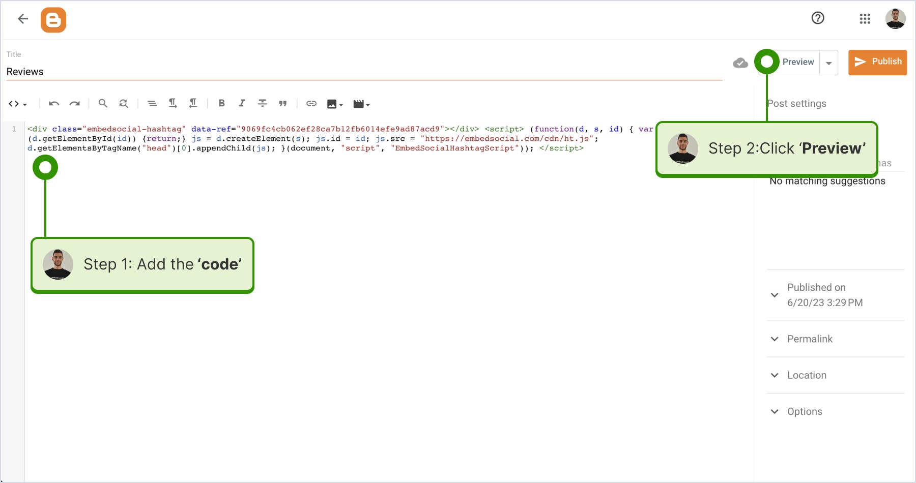 Adding the widget code and clicking preview