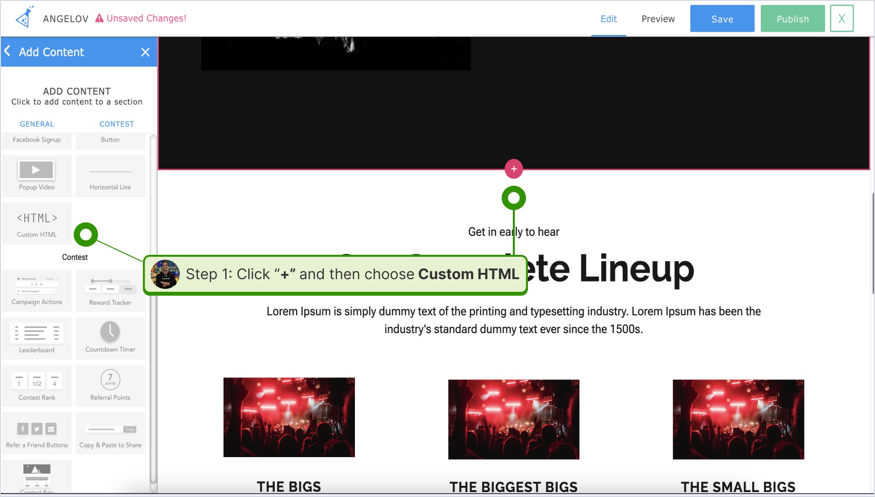 Clicking on the plus sign to choose Custom HTML