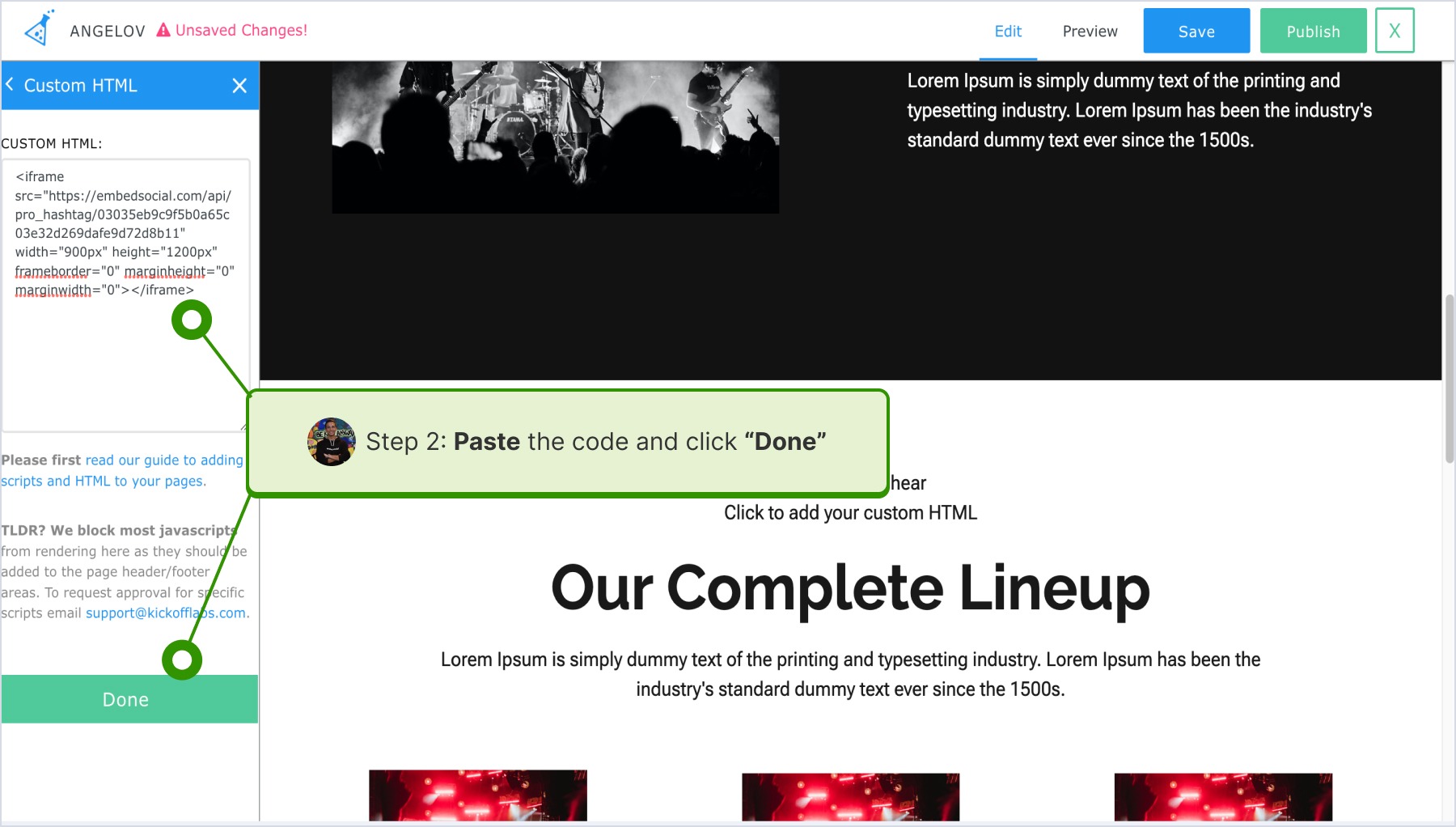 Pasting the code and clicking done
