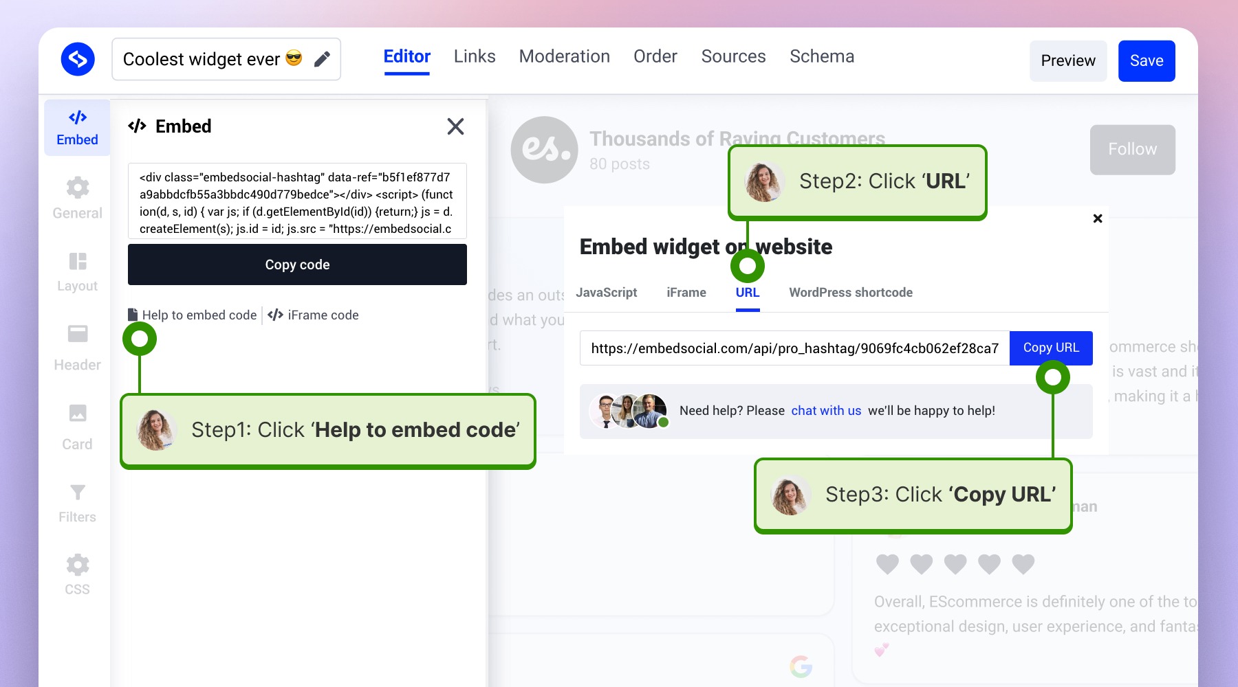 Copying the widget URL