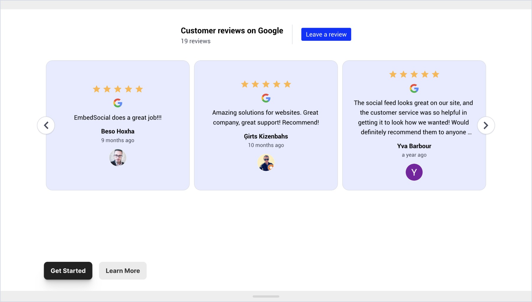 Example of Google reviews widget in Framer