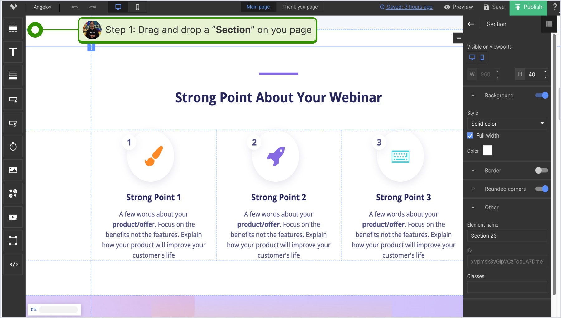 Adding a new section on the desired page