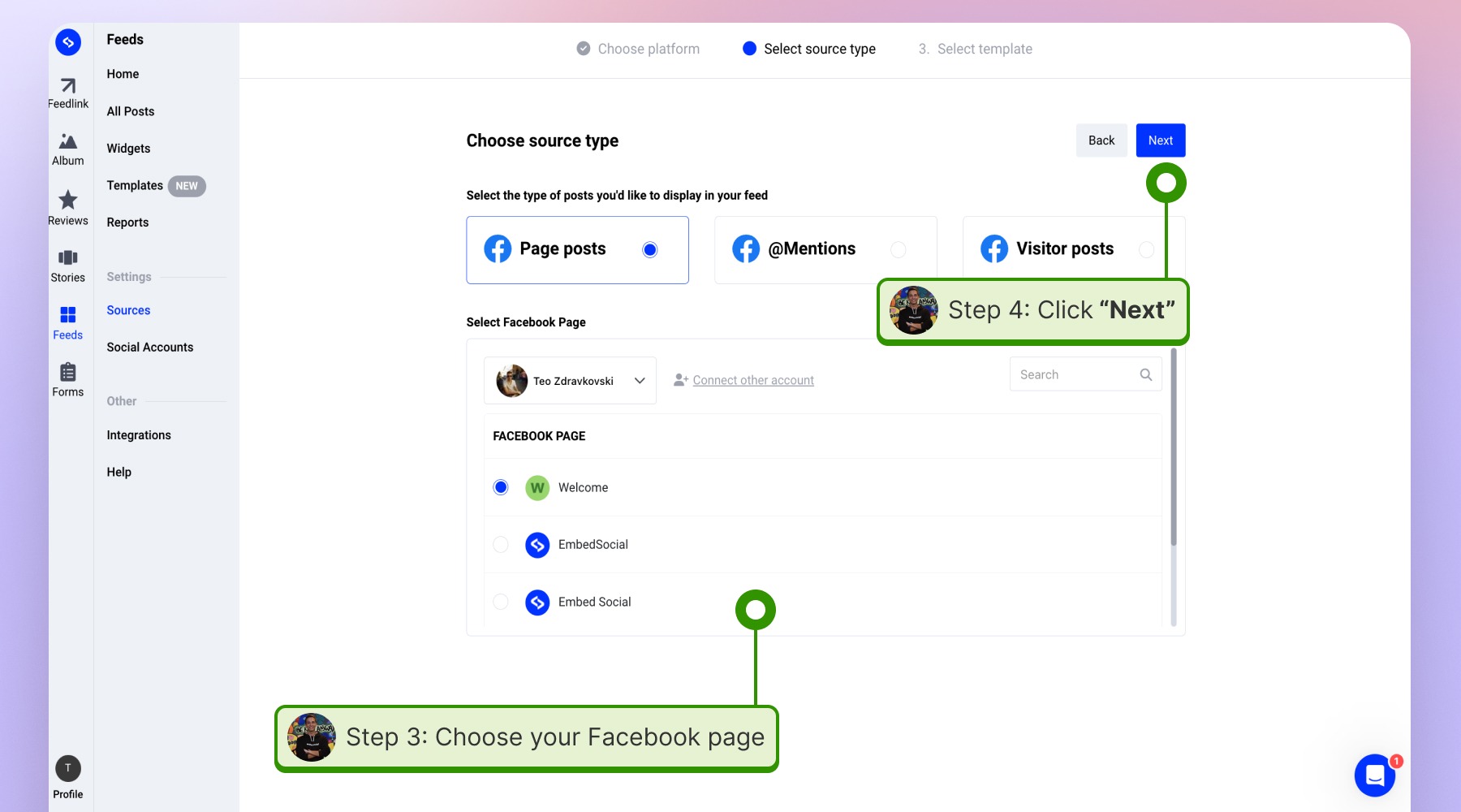 Choosing the Facebook page