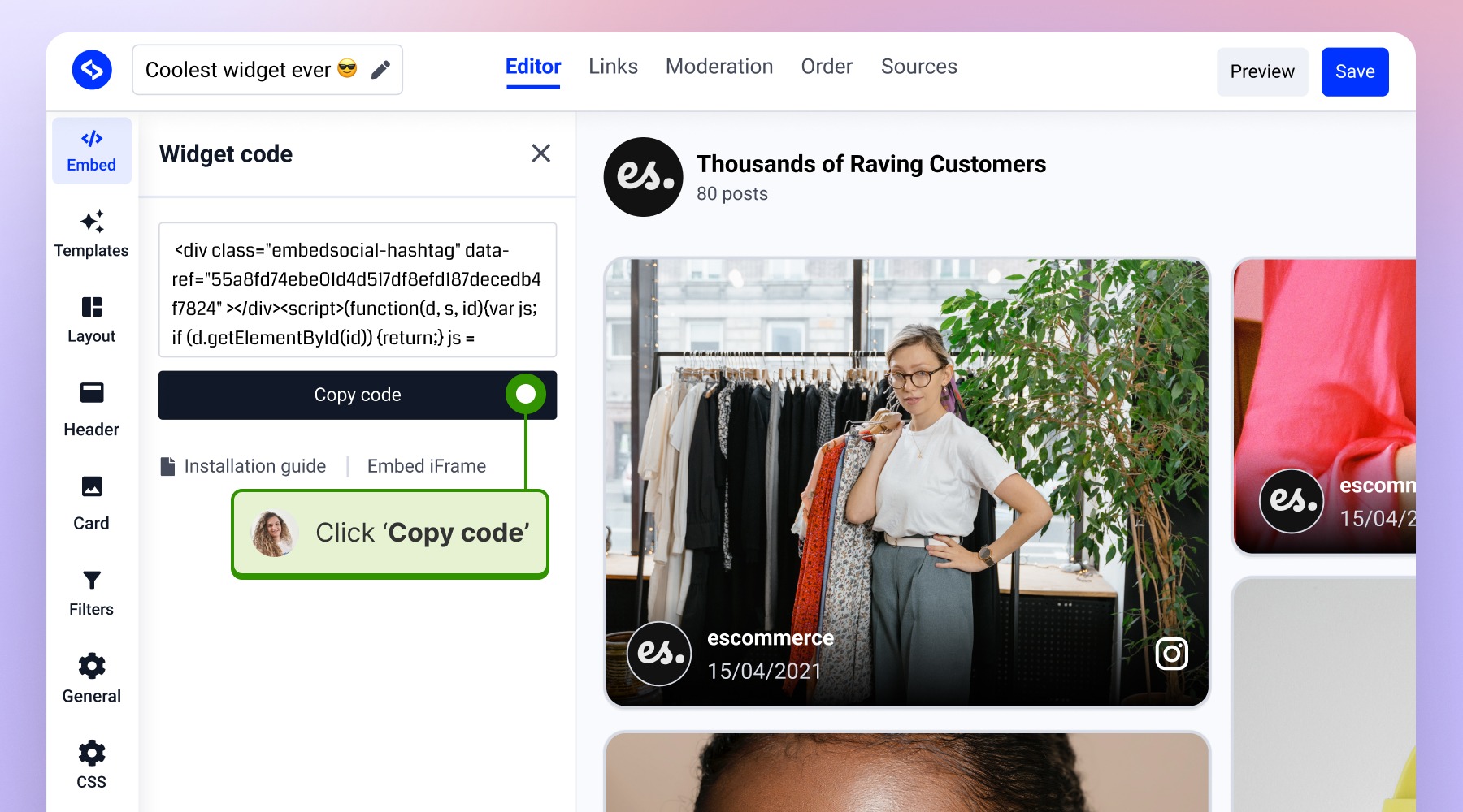 Clicking on 'Copy code' button on the editor