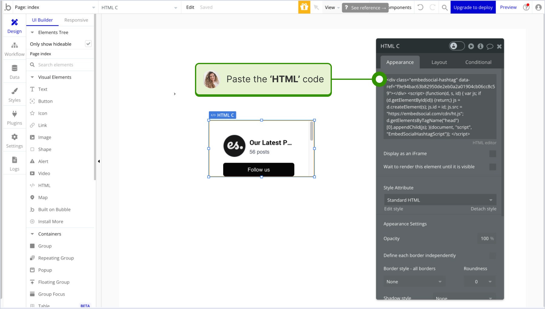 pasting the HTML code on the popup in Bubble