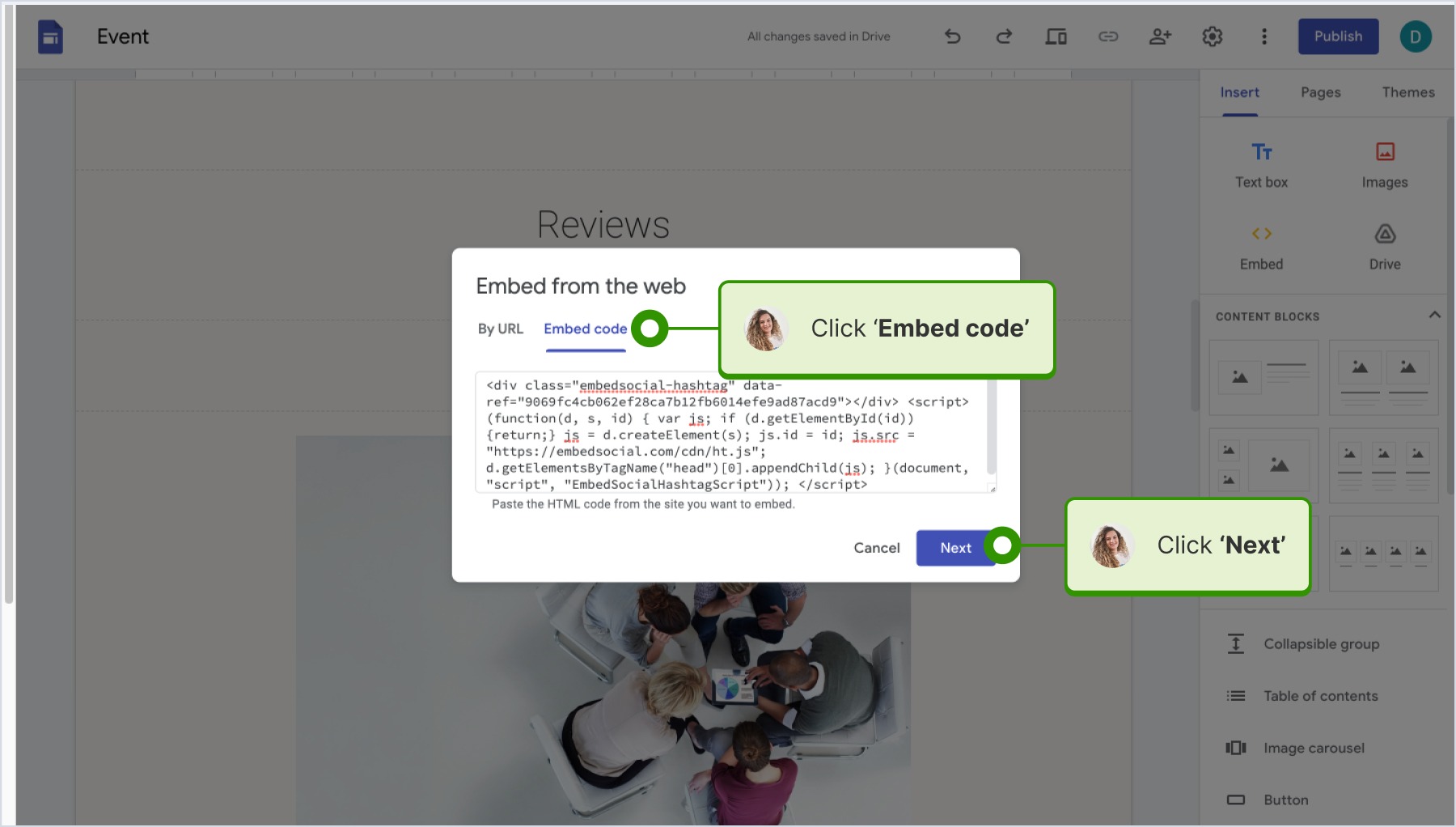 Selecting 'Embed code' option, pasting the code and then clciking on 'Next'