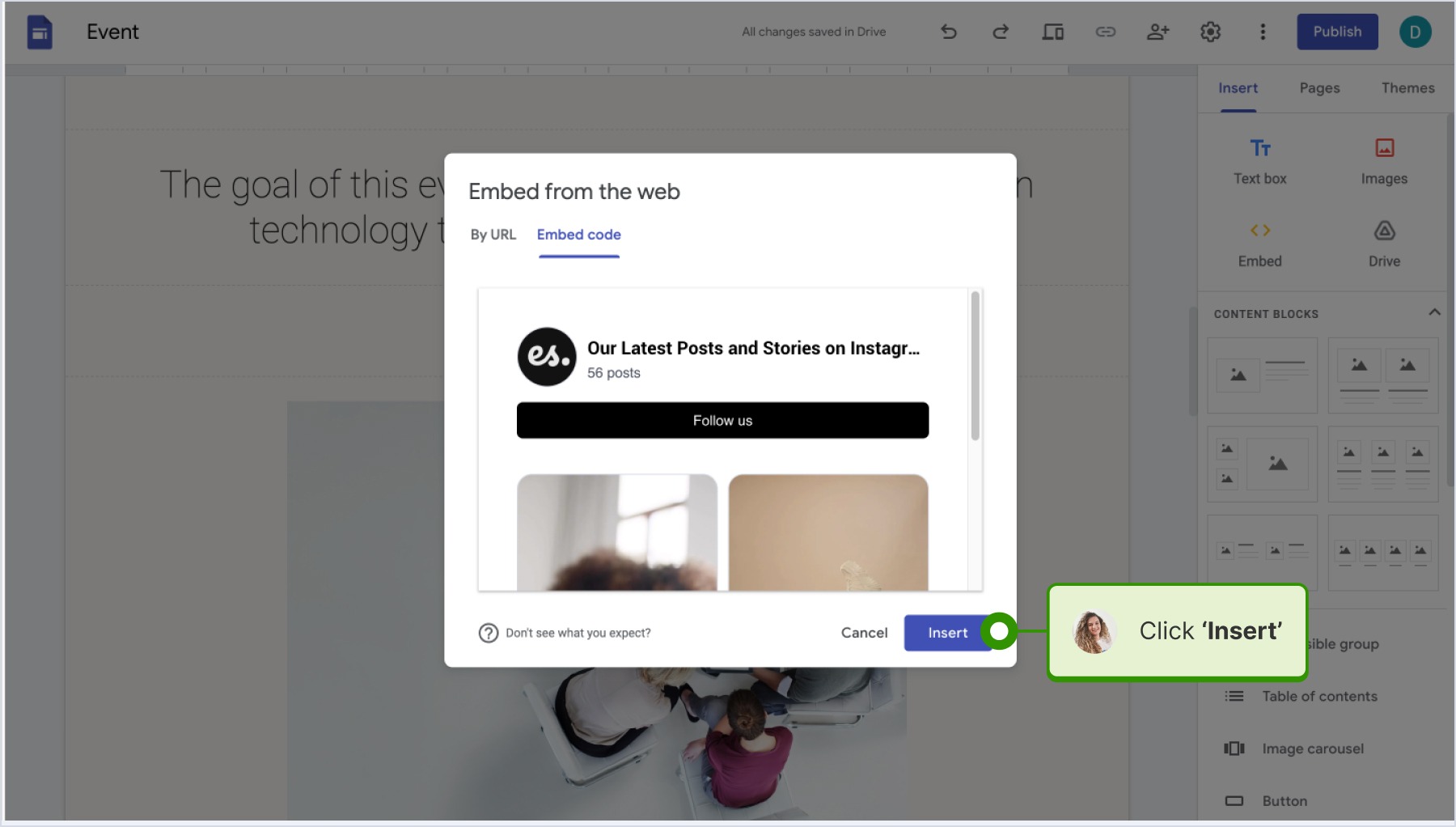 Clicking 'Insert' on Google Sites