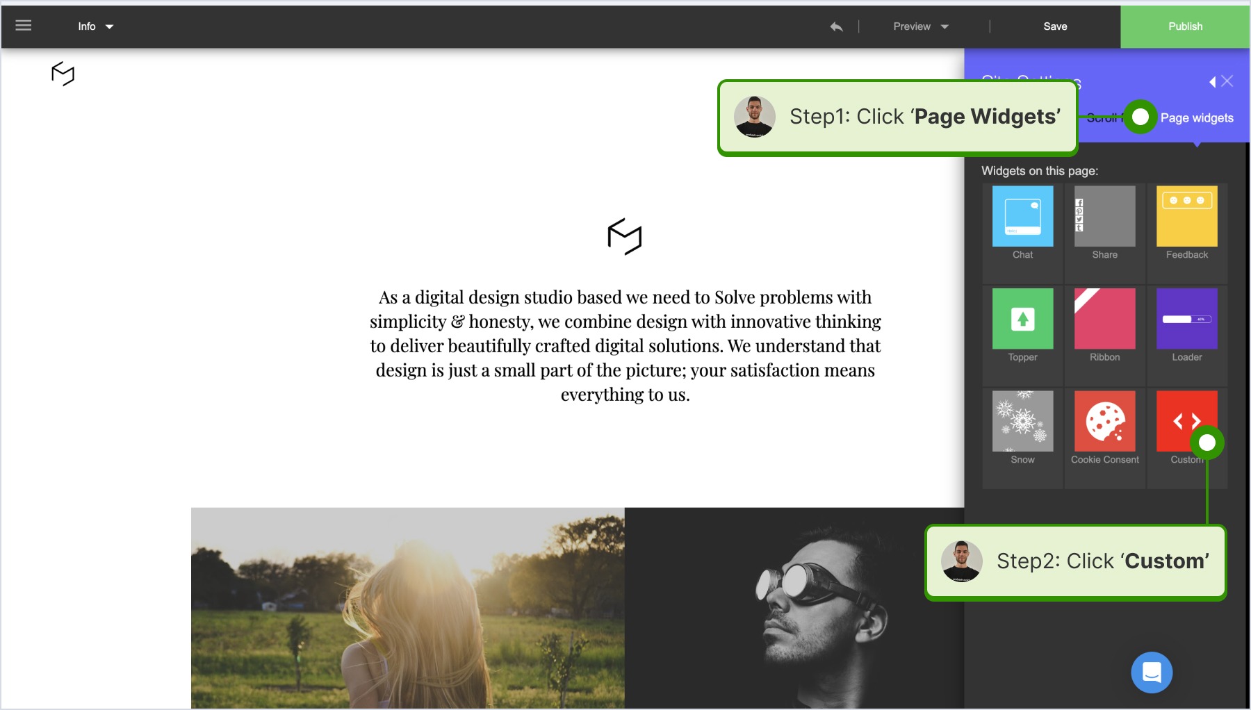 Selecting 'Page widgets' on the popup