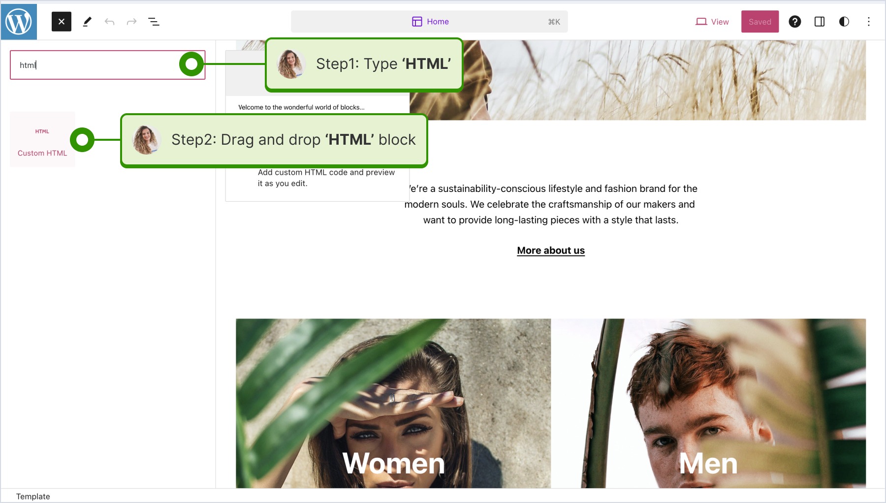 Pasting the widget code on the 'HTML' field and clicking save
