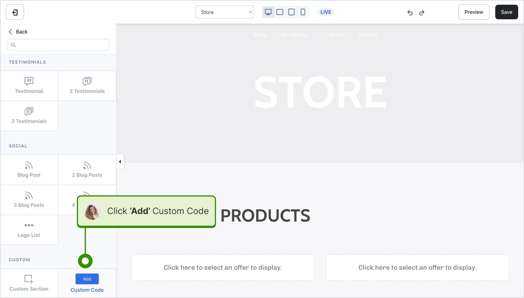 Selecting 'Add custom code' button in the Kajabi editor