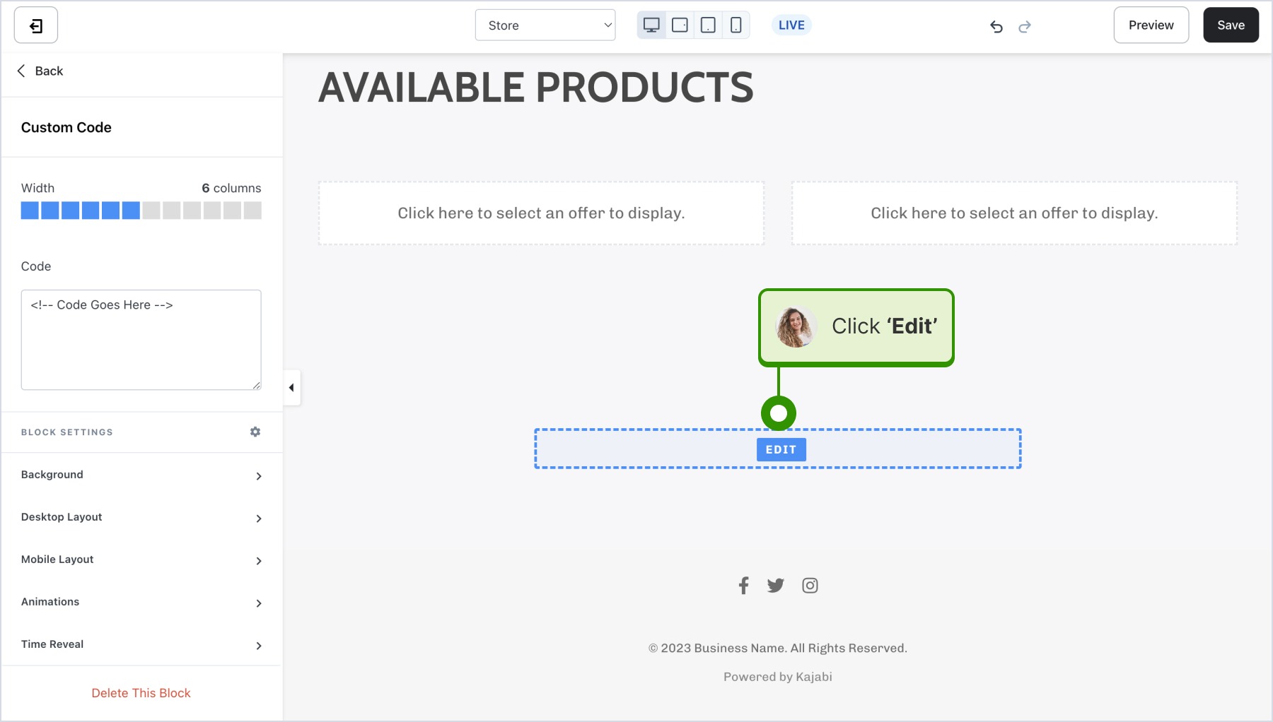 Pasting the HTML code on the popup and clicking the 'Save' button