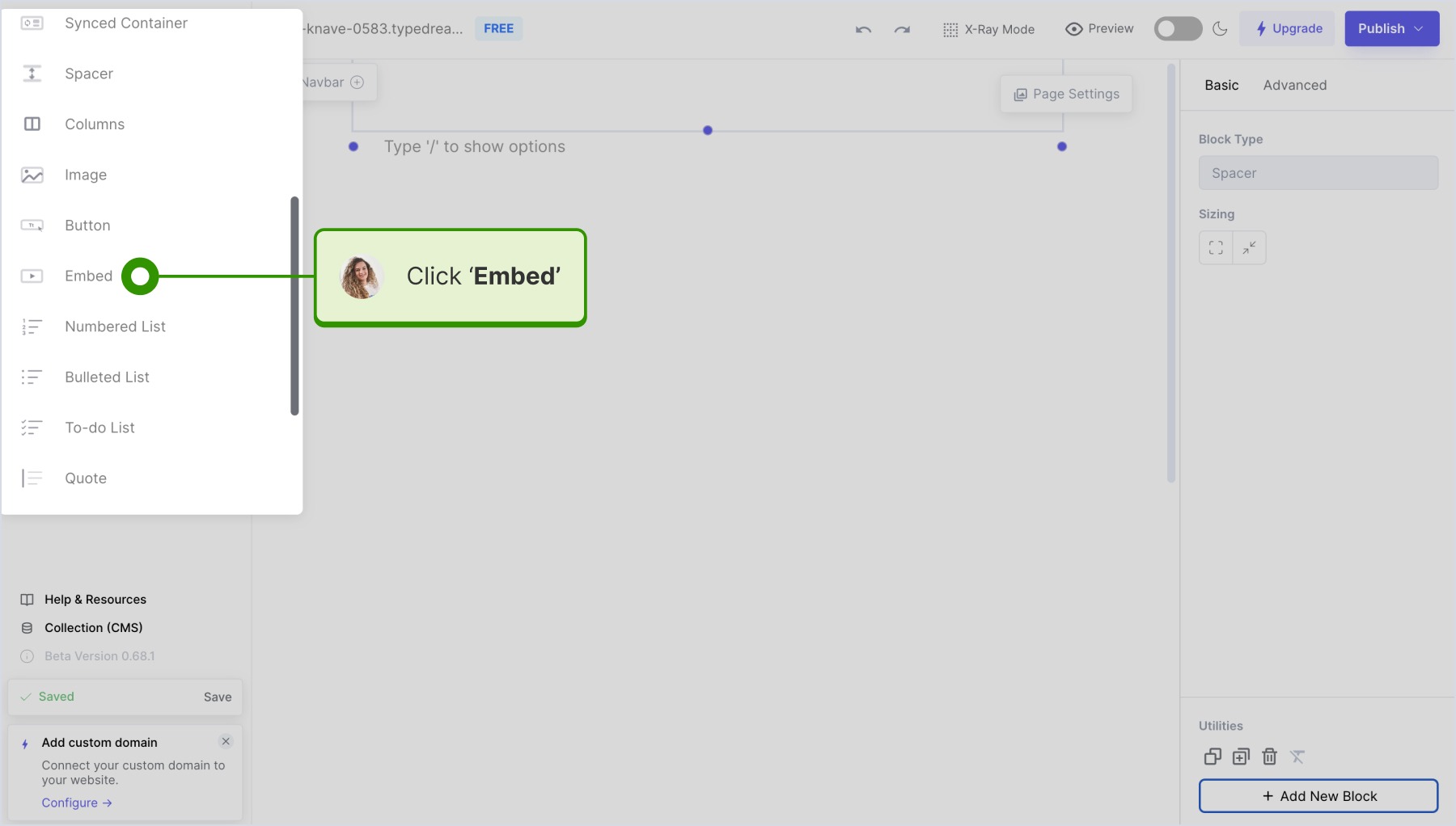 Selecting the 'Embed' option