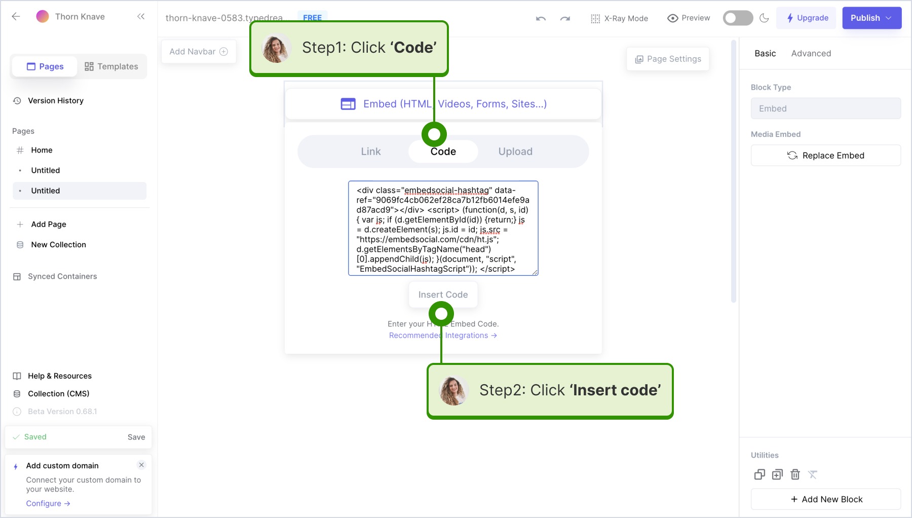 Clickin on 'Code', inserting the widget code and clicking 'Insert code'