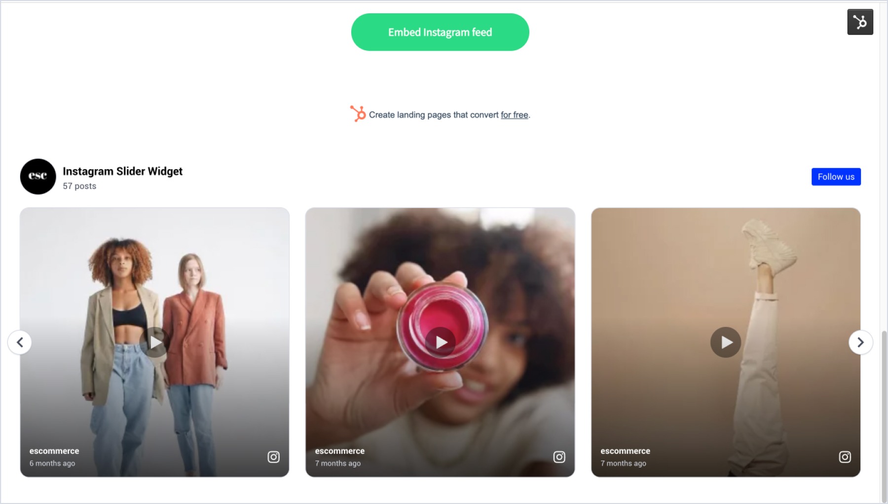 Final expample of Instagram widget embedded on a Hubspot landing page