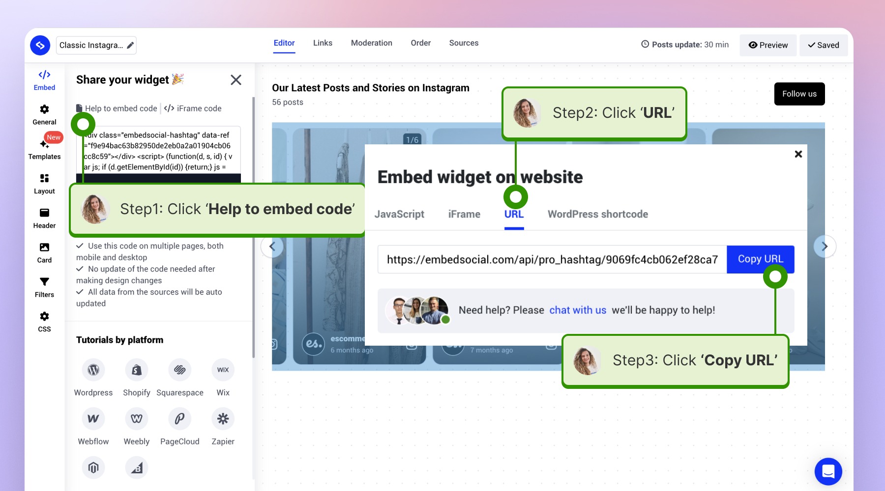 Clicking the Embed tab and copying the widget 'URL'