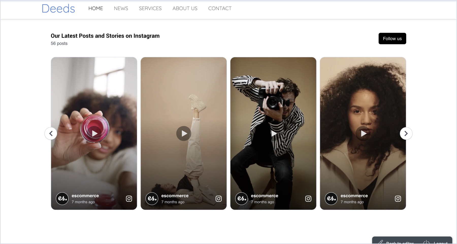 Final screenshot of a Instagram widget embedded in Mozello
