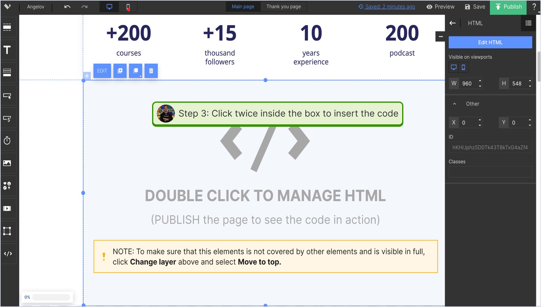 Inserting the code inside the box