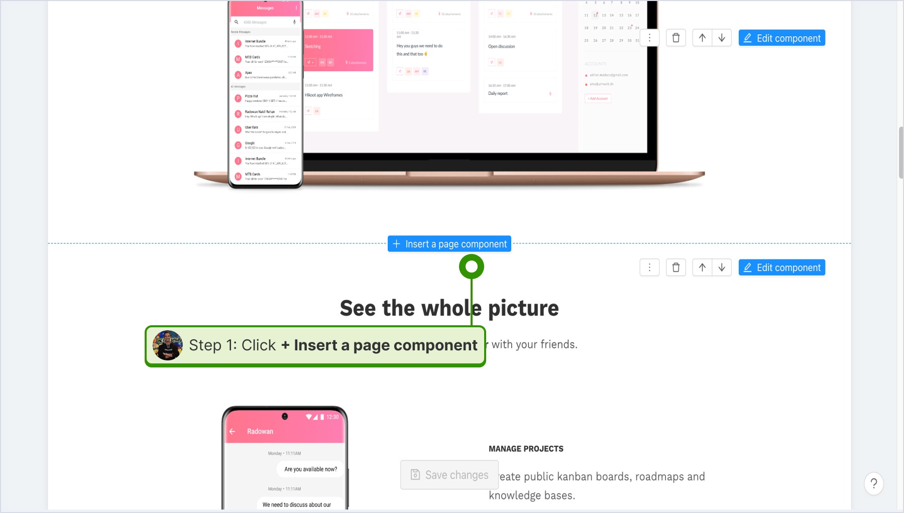 Clicking on 'Insert a page component'