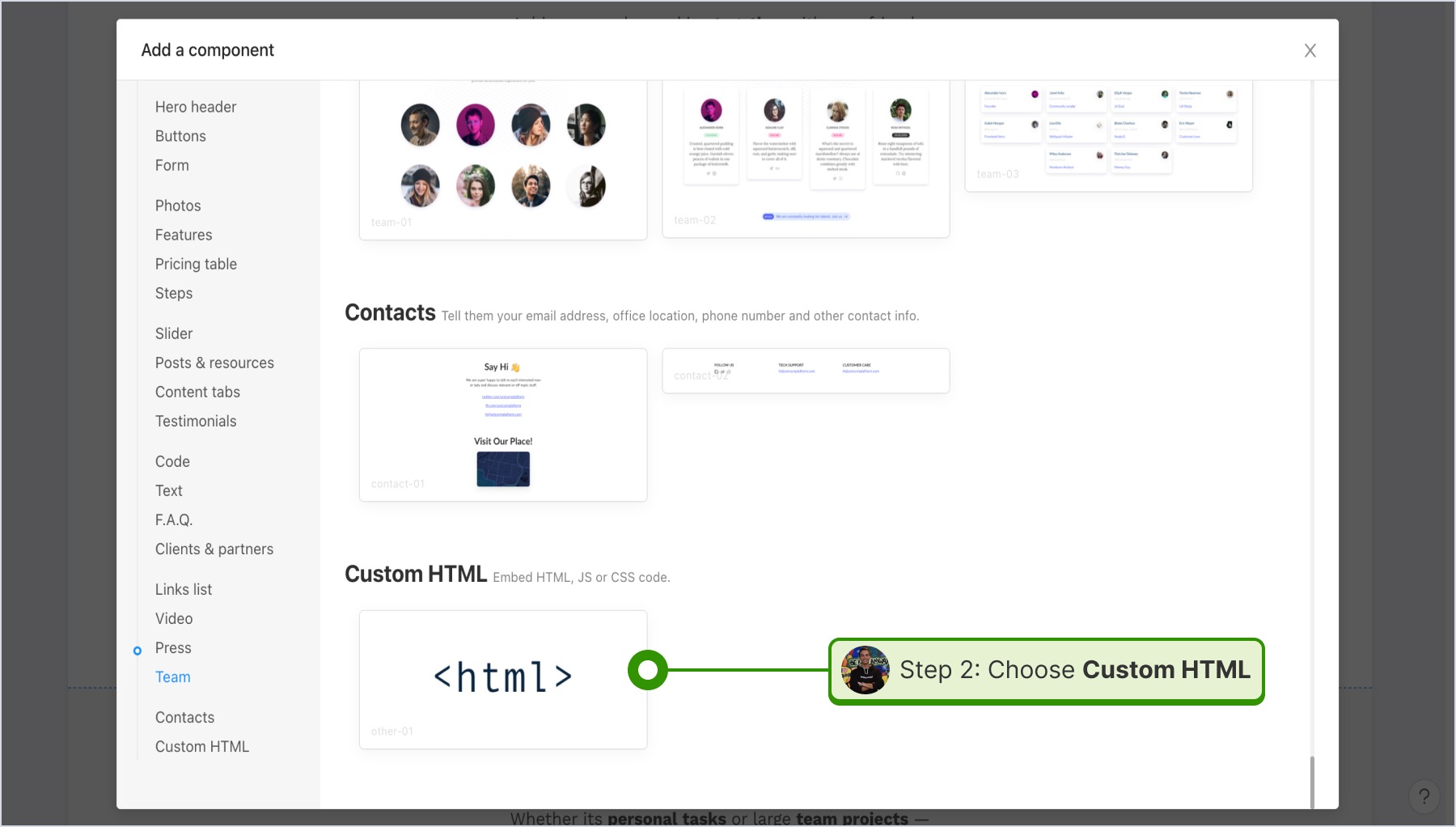 Choosing "Custom HTML"