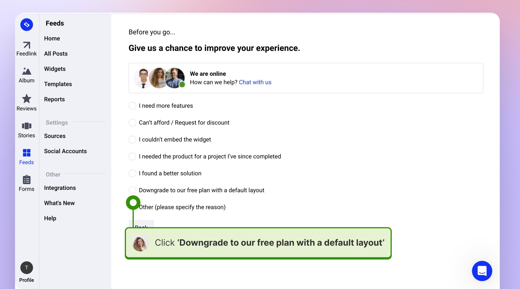 Selecting the downgrade to our free plan option