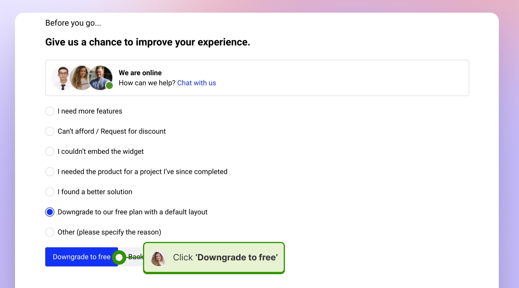 Clicking on the Downgrade to free button on the Billing section