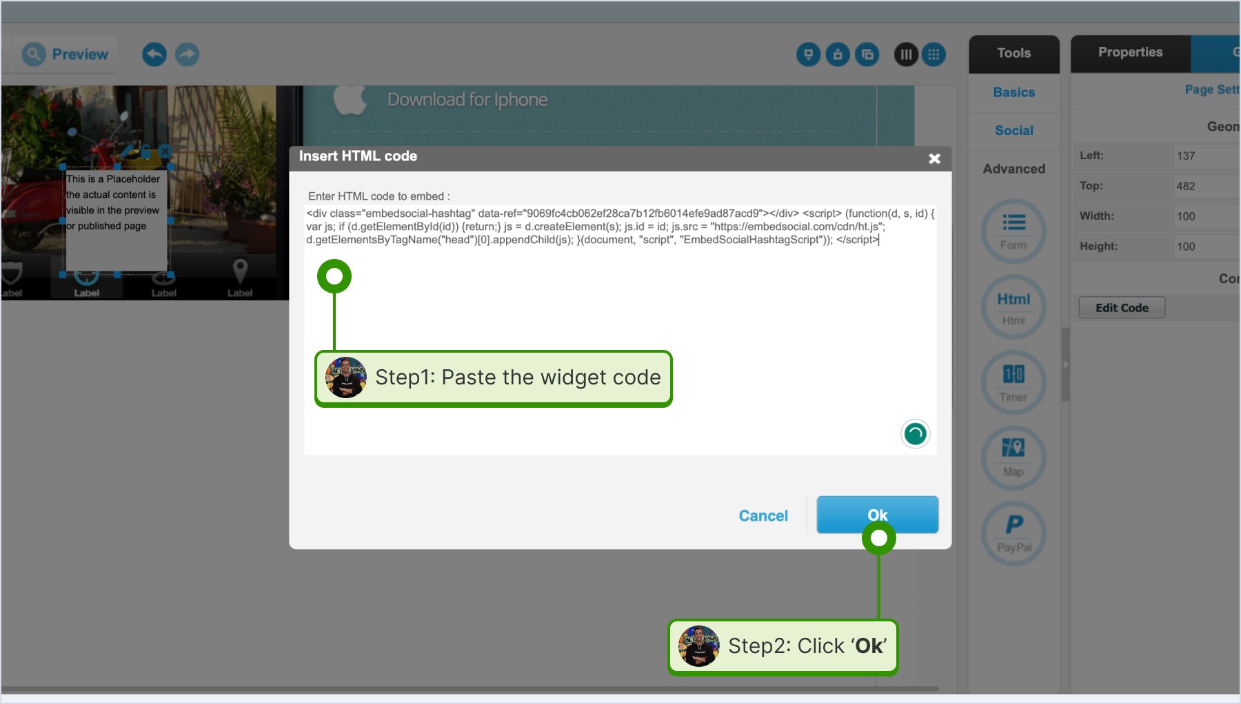 Pastin the widget code on the popup and clicking Ok