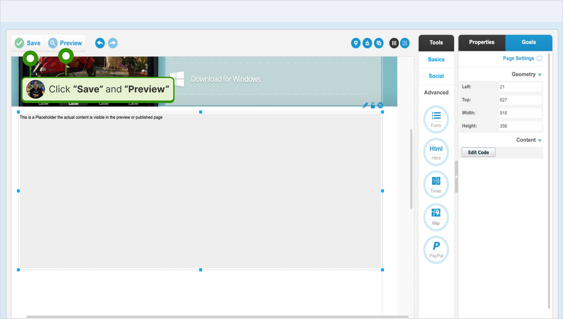 Clicking Save and then Preview on the LanderApp editor