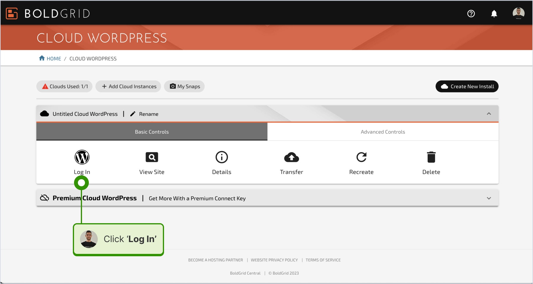 Clicking on the 'Log-in' icon for the desired website.