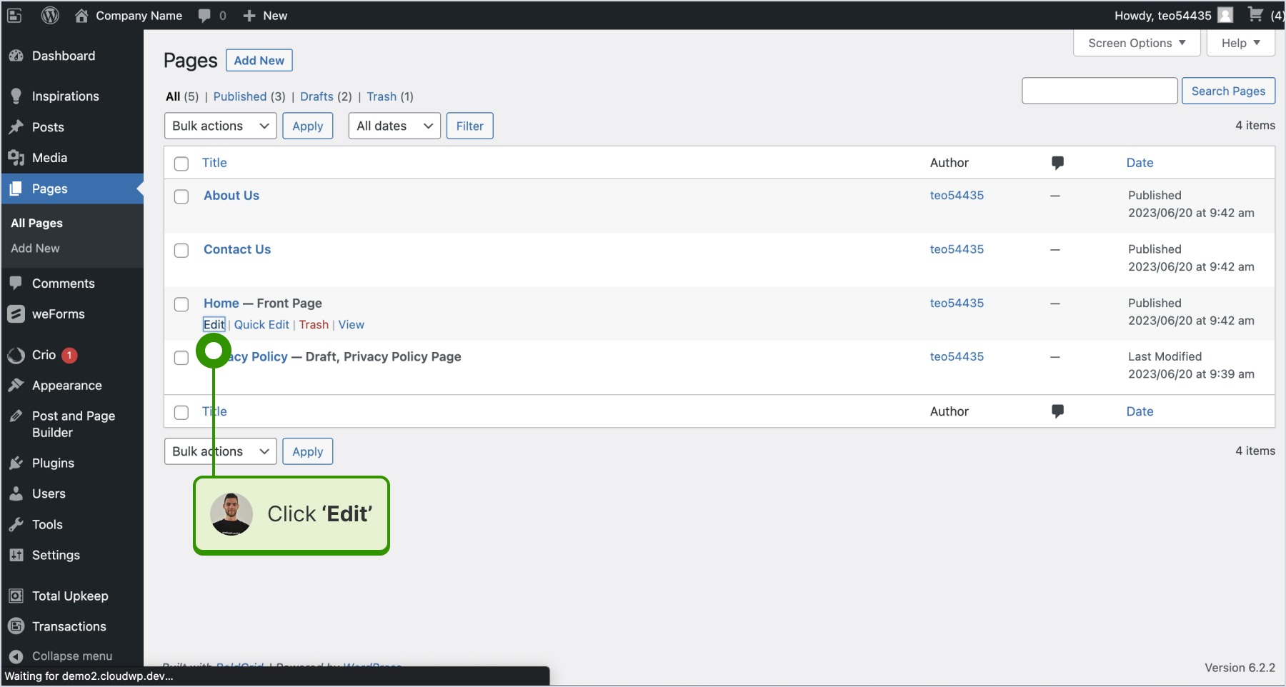 Clicking the 'Edit' button under the page where we want to embed the widget.