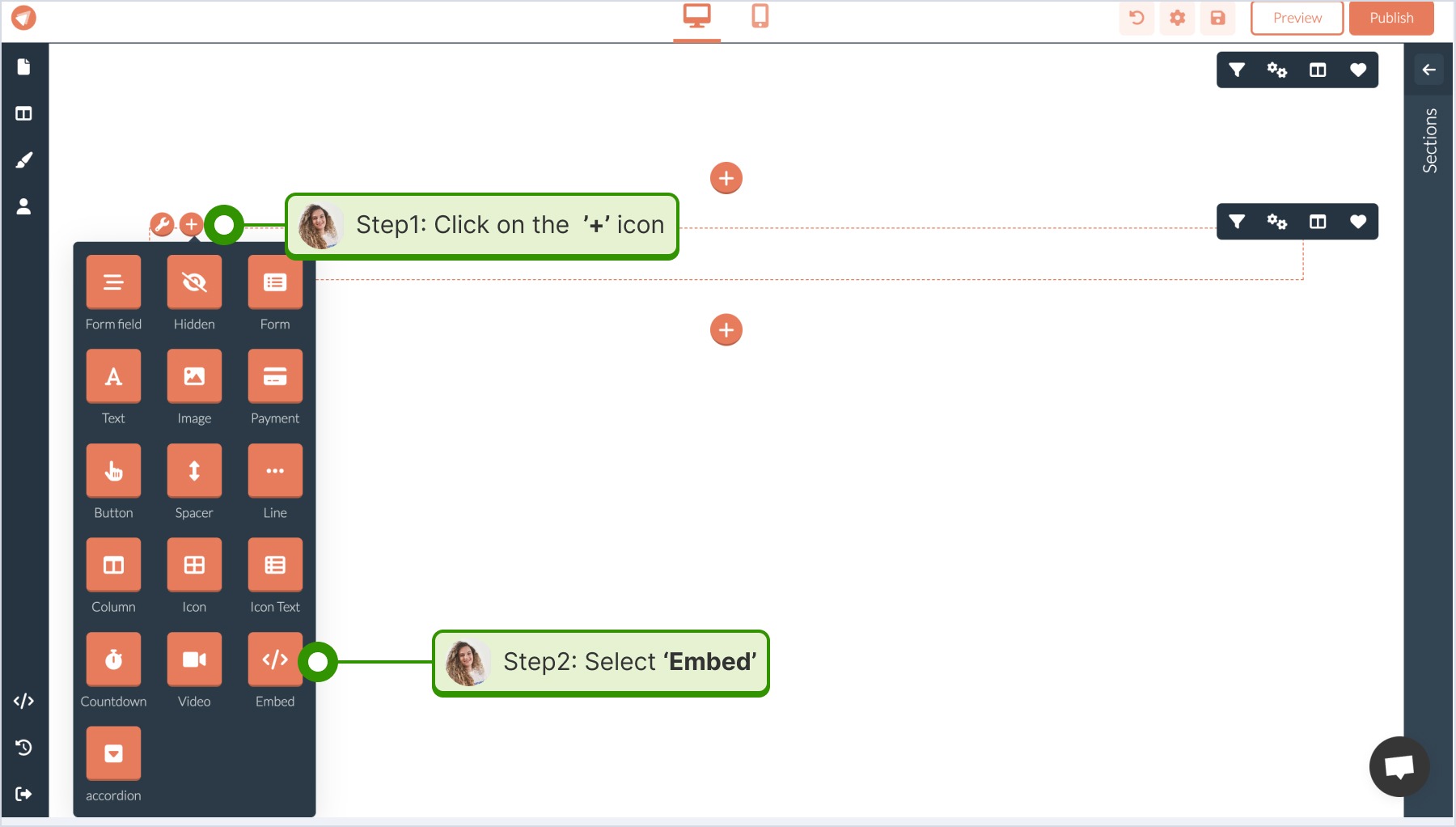 Clicking on the  '+' sign and selecting the  'Embed' option