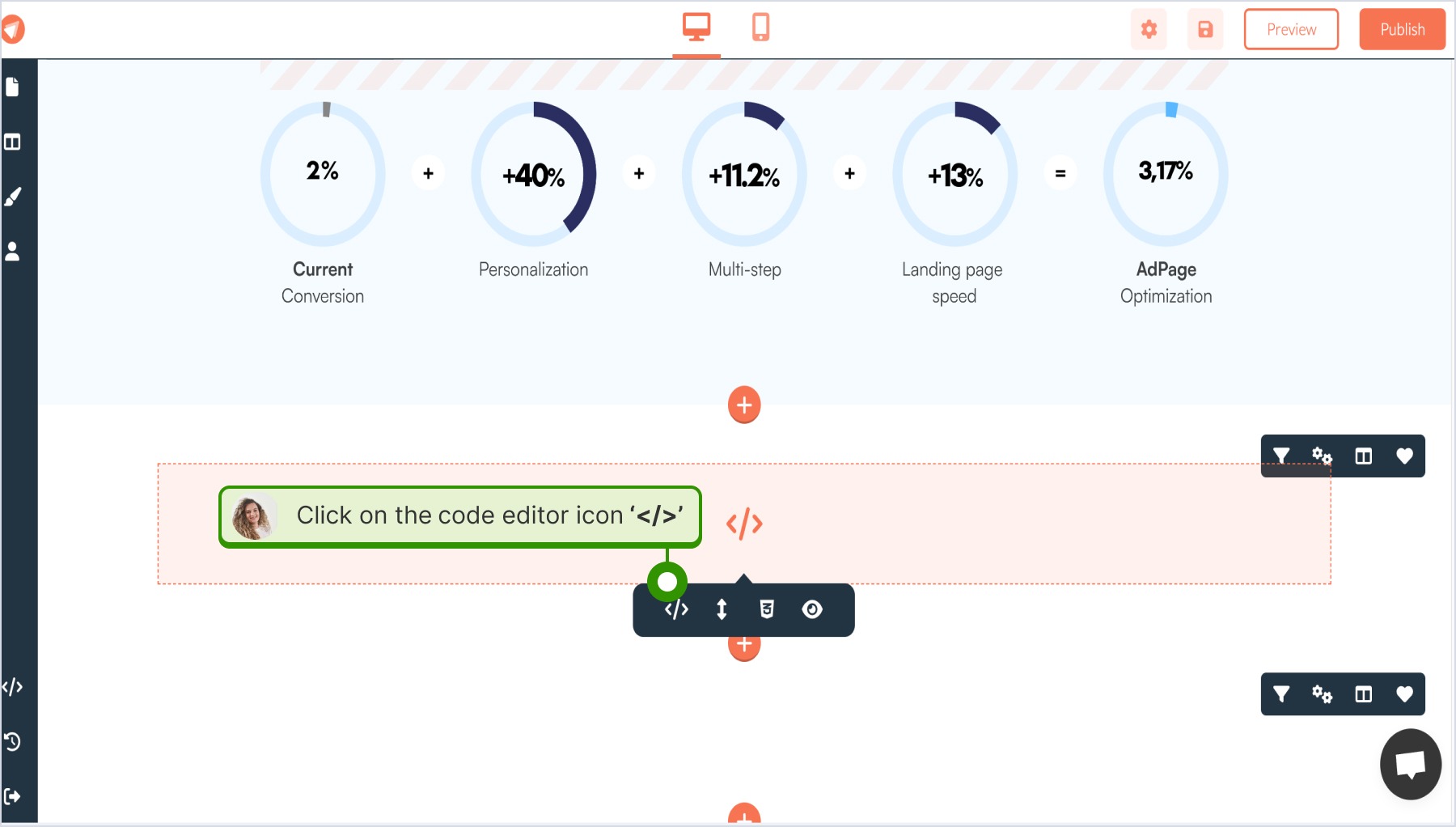 Accessing the code editor using the  button.