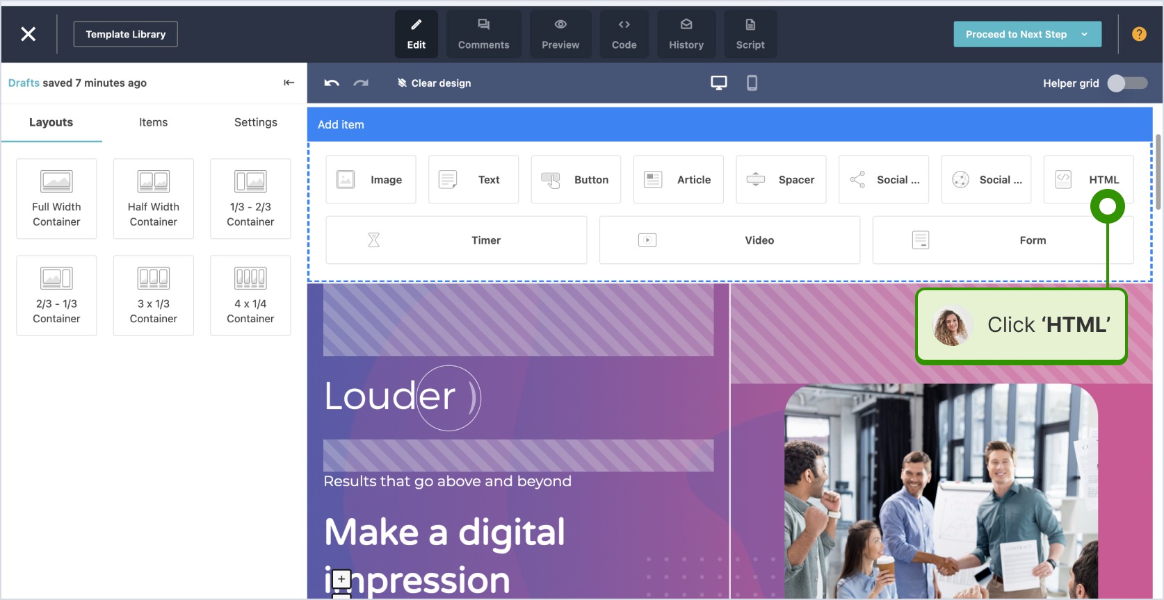 Selecting 'HTML' as the element type in Moosend