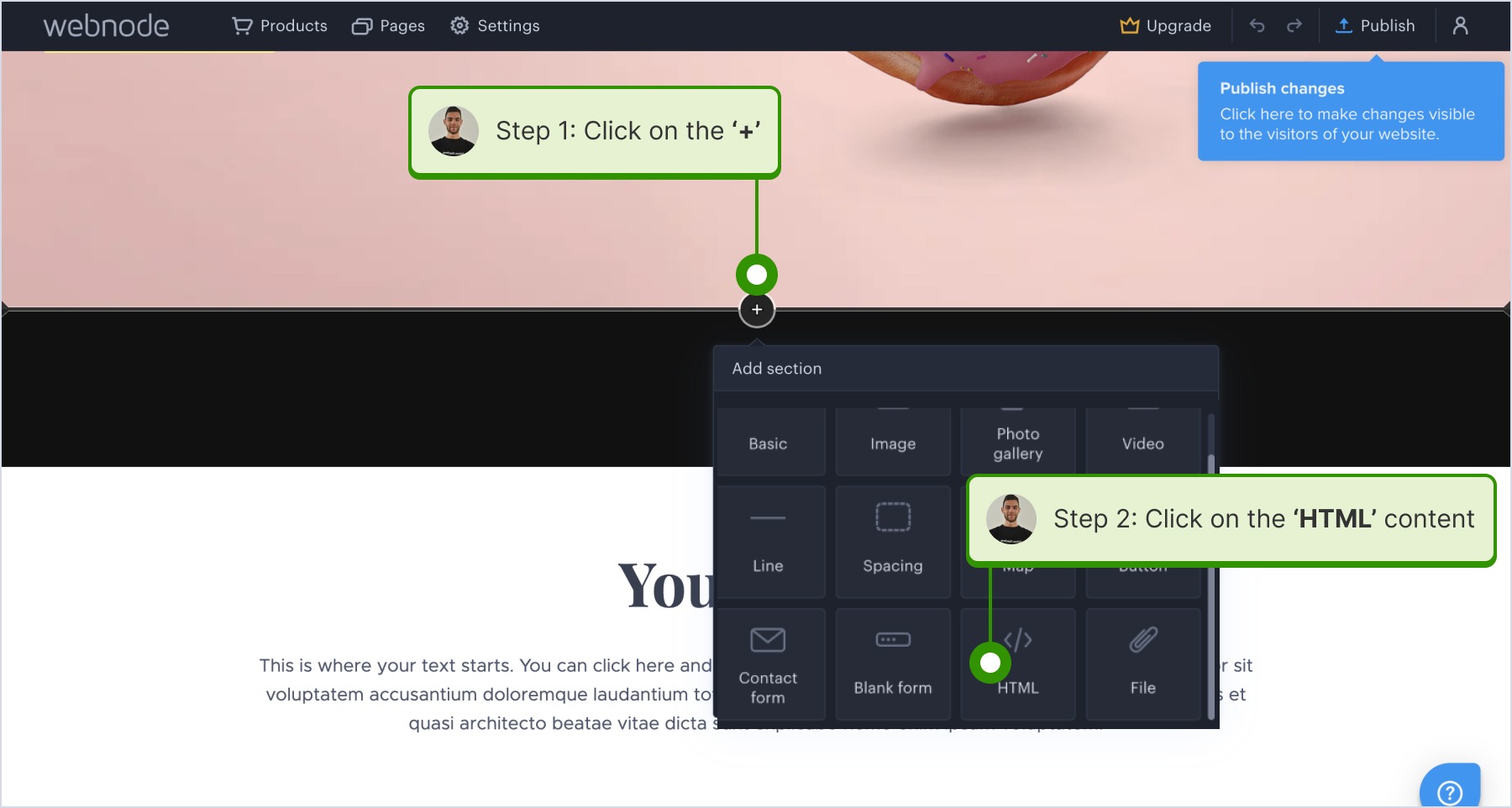 Clicking the '+' icon and selecting 'HTML' content from the Content block in Webnode editor