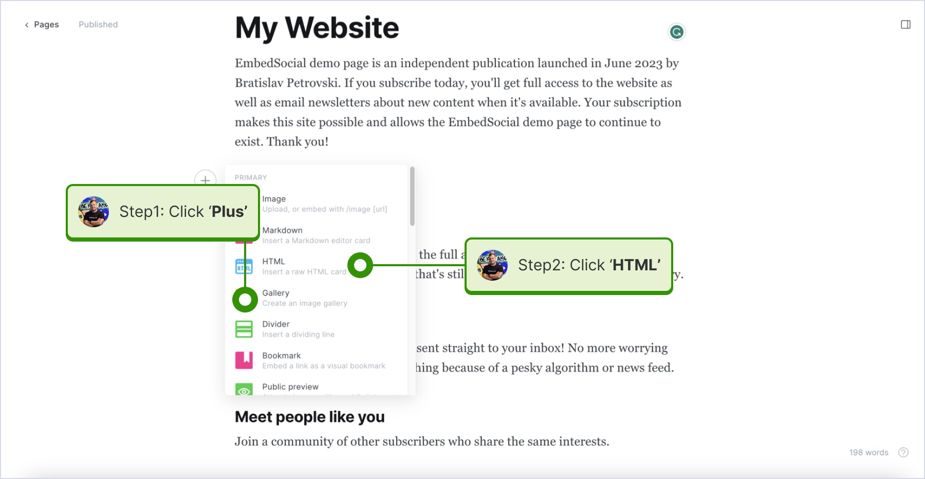 Clicking on a blank space to reveal the '(+)' icon and selecting the 'HTML' option in Ghost website