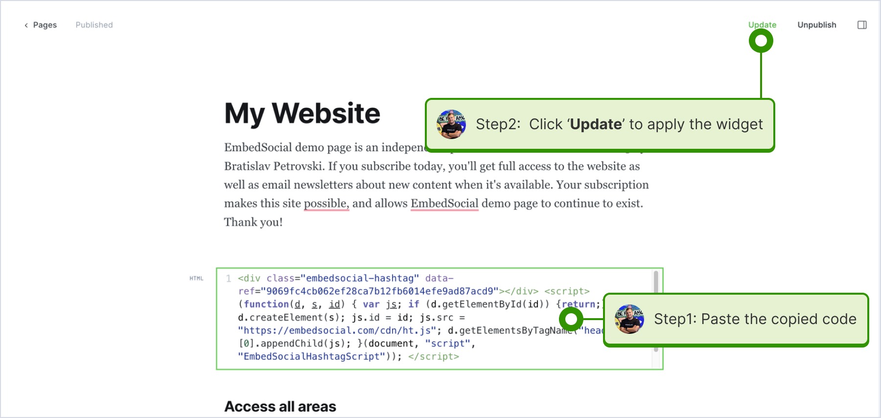 Pasting the copied code from EmbedFeed In a Ghost page editor