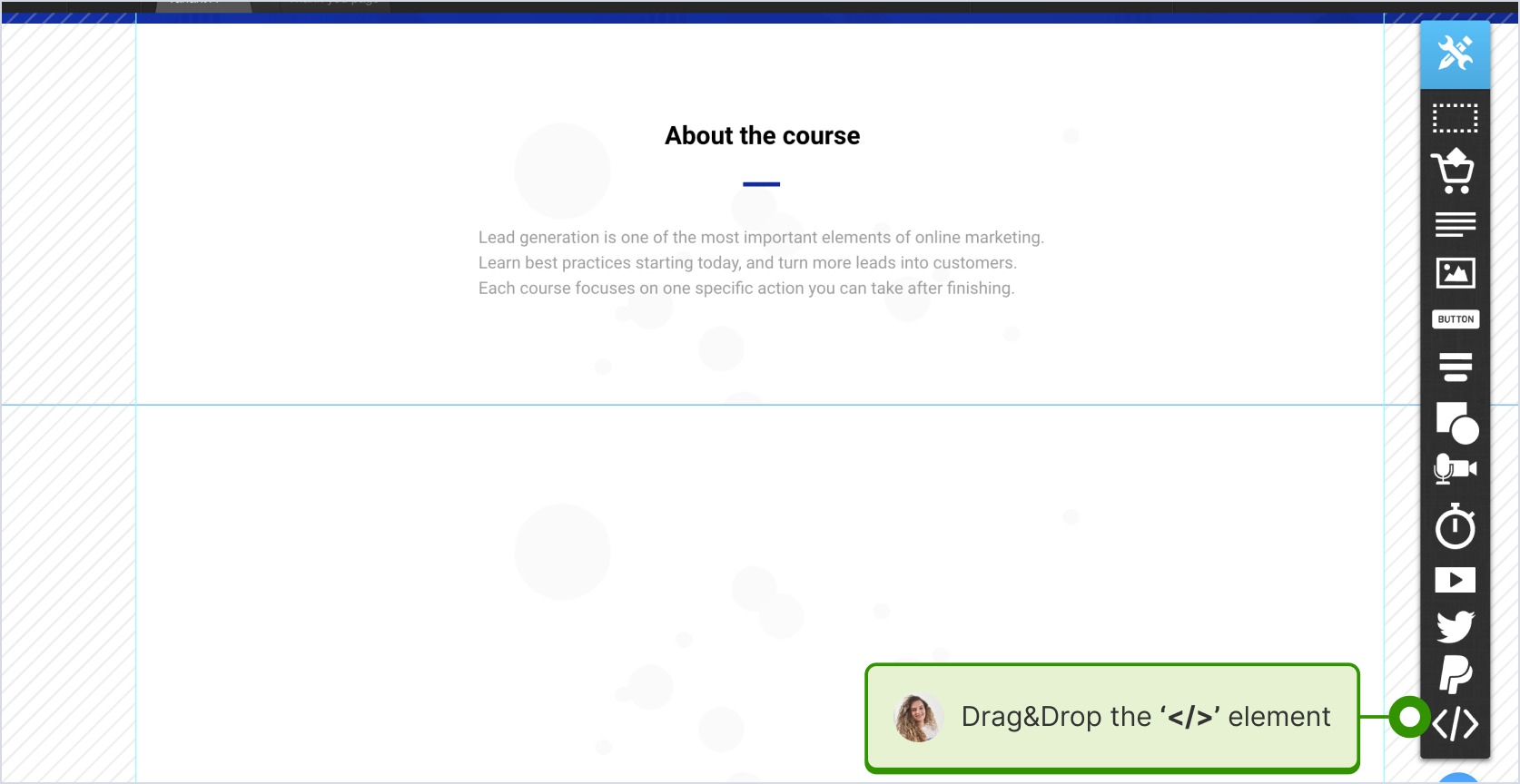 Dragging and dropping the 'code' icon into the desired section of the GetResponse website editor