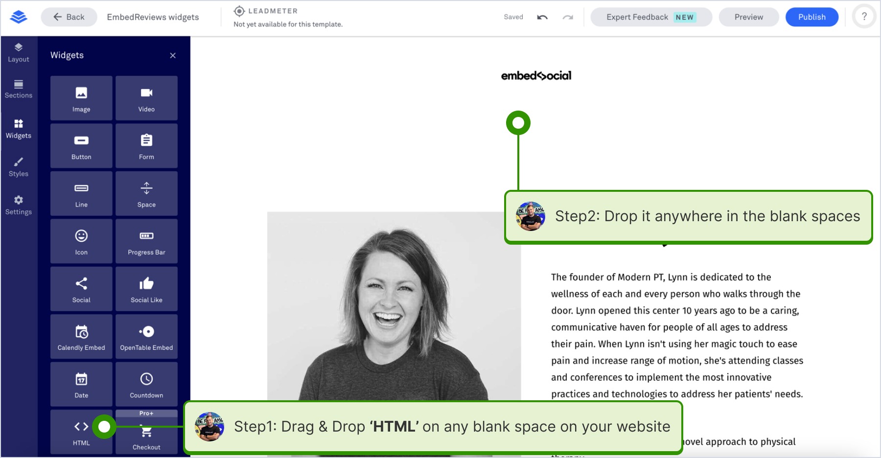Locating the 'Widgets' option on the left-hand side and selecting 'HTML' to drag &amp;amp; drop it onto the website block