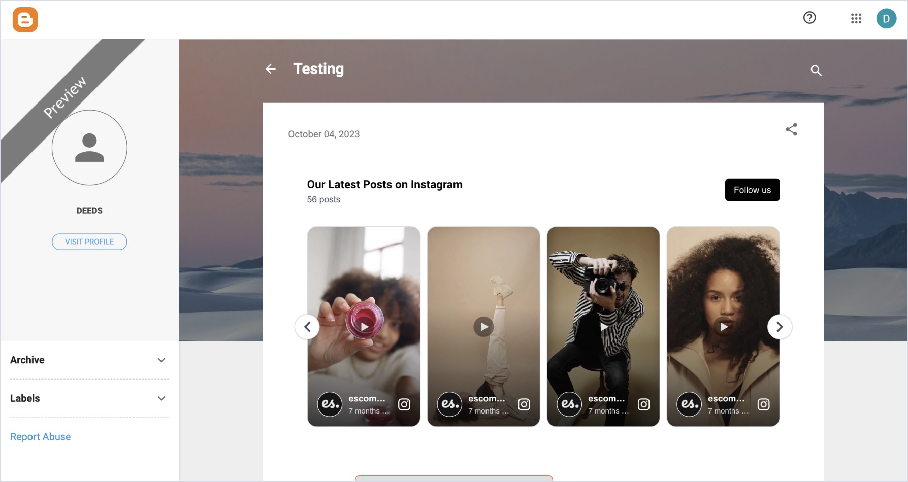 Intagram widget embedded in Blogger
