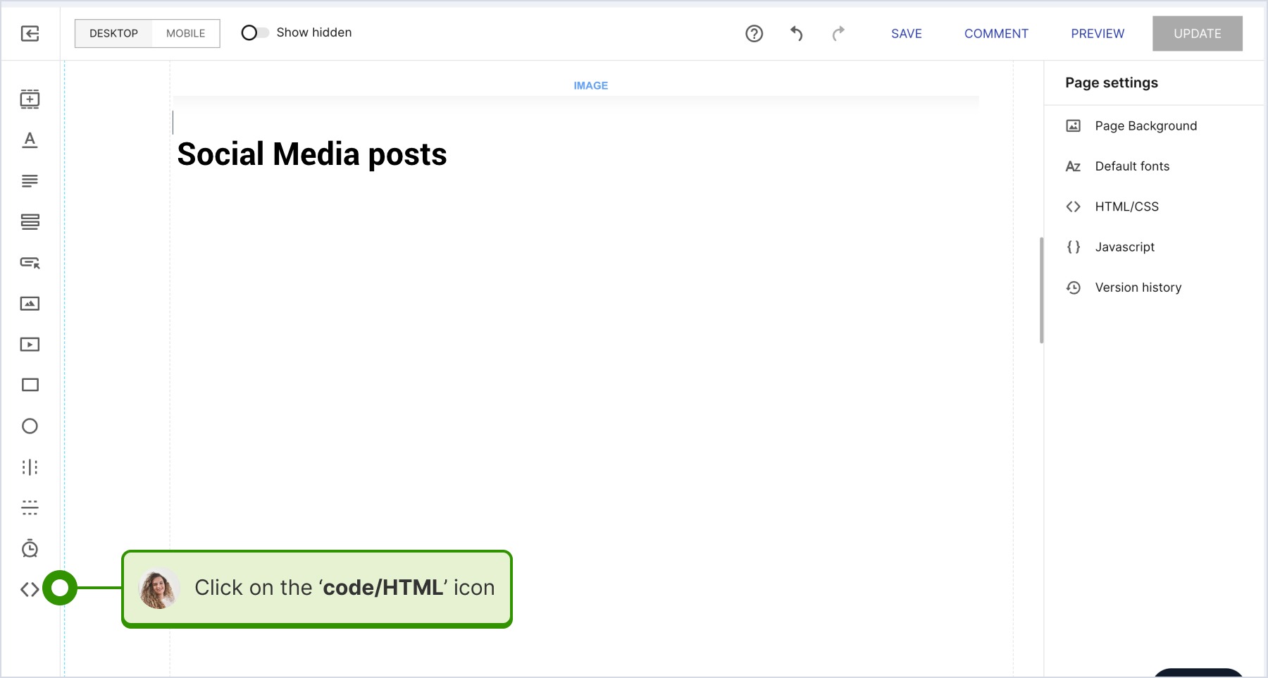 Clicking the 'code/HTML' icon on the left-bottom menu to add the HTML element to the Instapage page