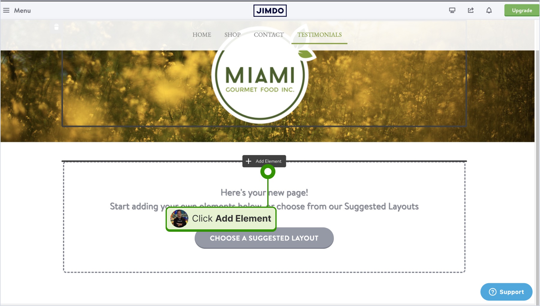 Locating the section where the widget will be embedded in Jimdo and clicking 'Add element'