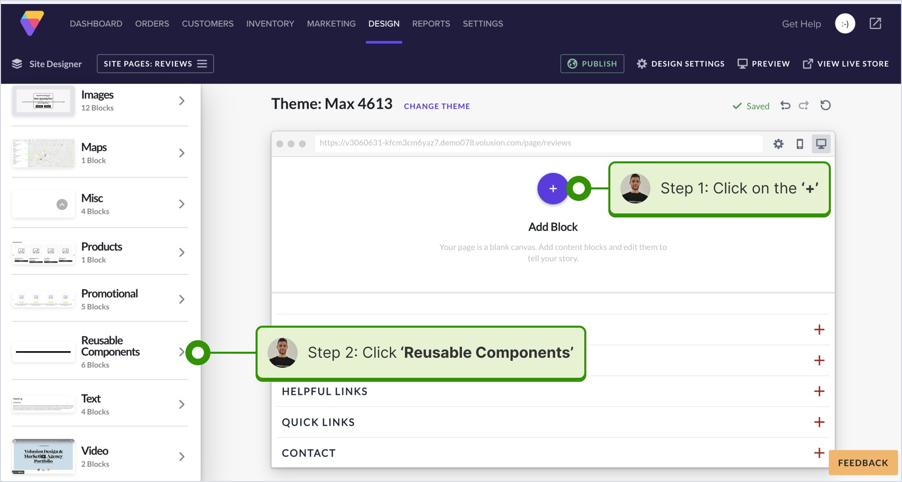 Accessing the page for displaying the widget, clicking on the + icon and selecting Reusable Components