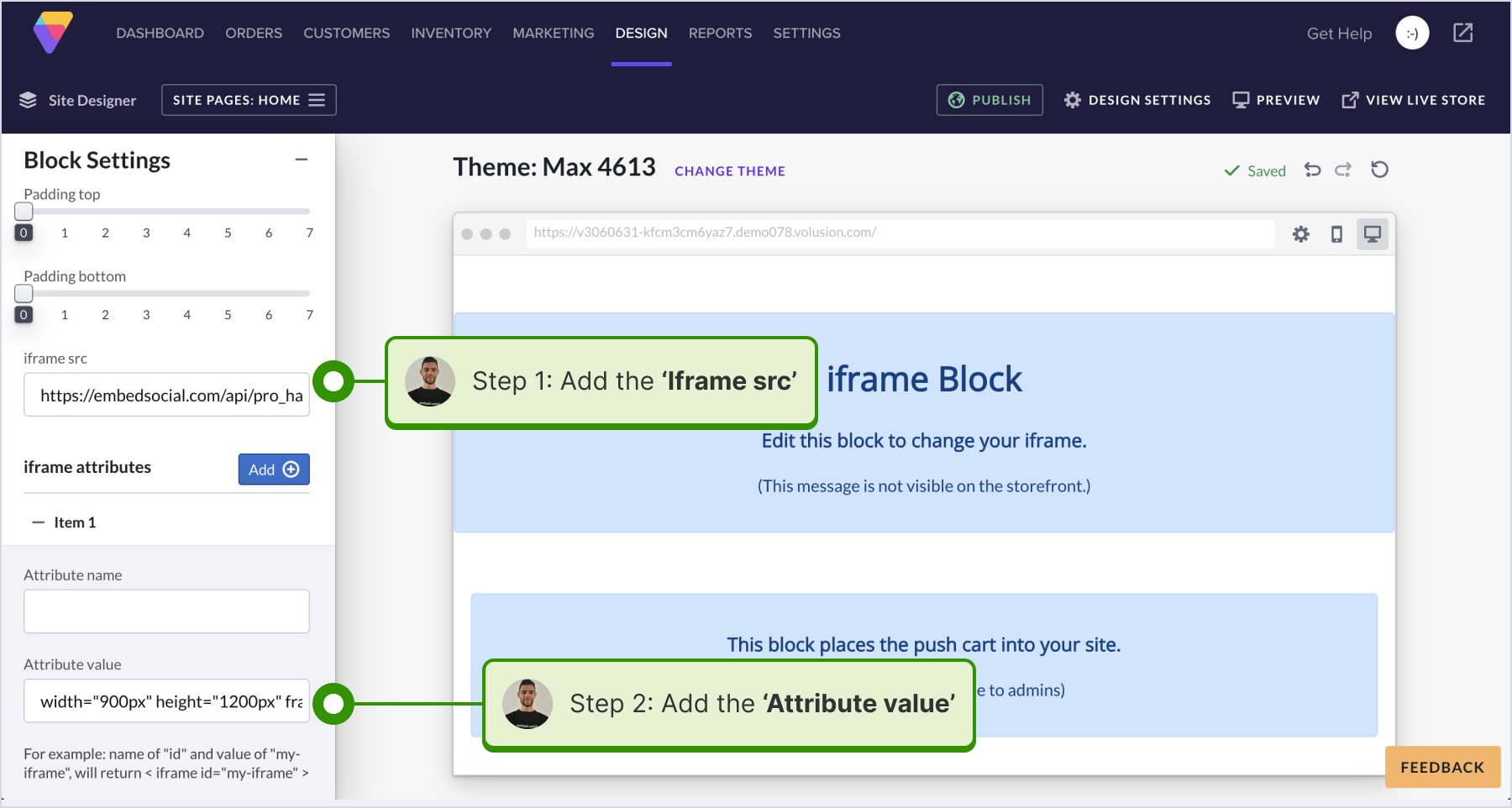Adding the 'Iframe src' and 'Attribute values'