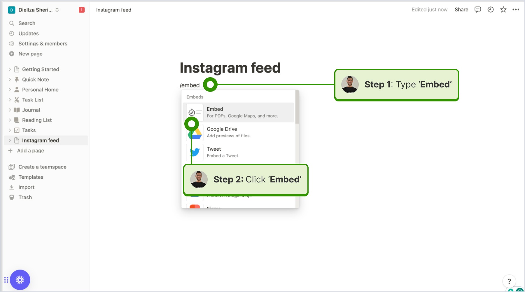 Selecting the 'Embed' section from the dropdown