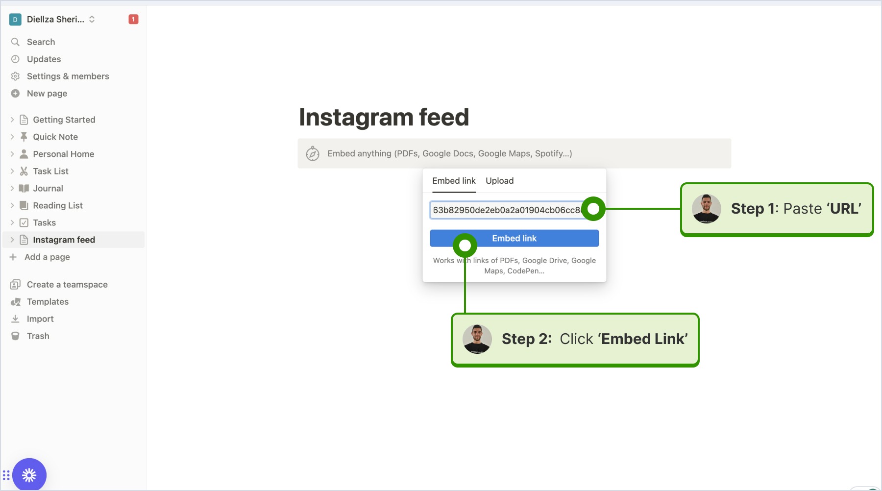 Pasting the copied 'URL' from the EmbedFeed widget into the 'EmbedLink' field