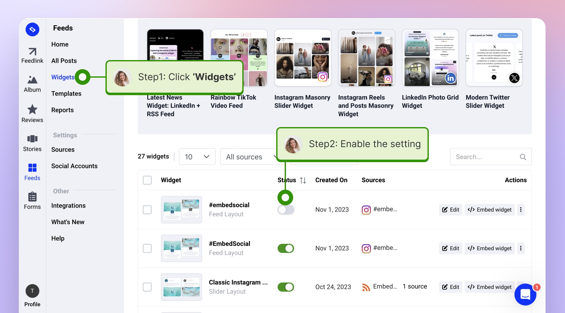 Navigating to the Widgets section in order to activate the desired widget live