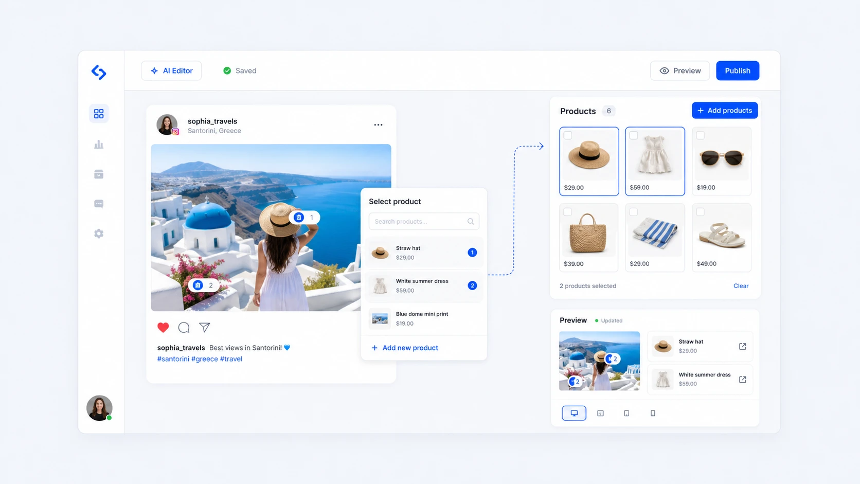 A product grid and dropdown for tagging posts