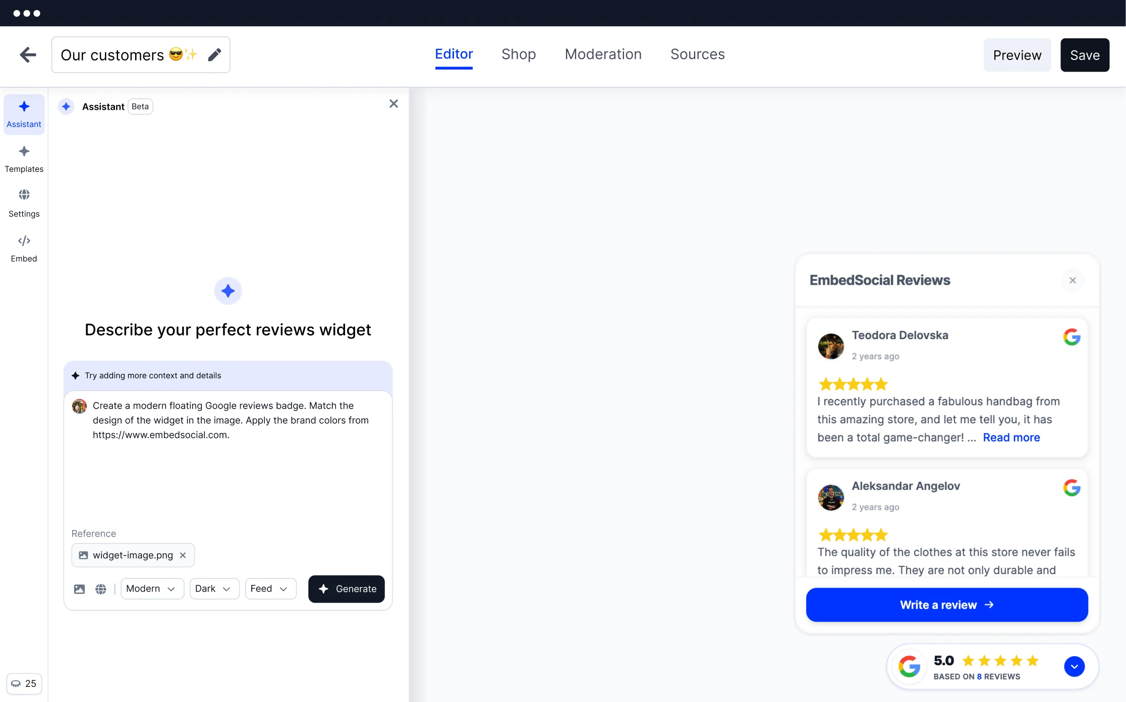 Creating a floating Google reviews badge in the EmbedSocial AI widget editor